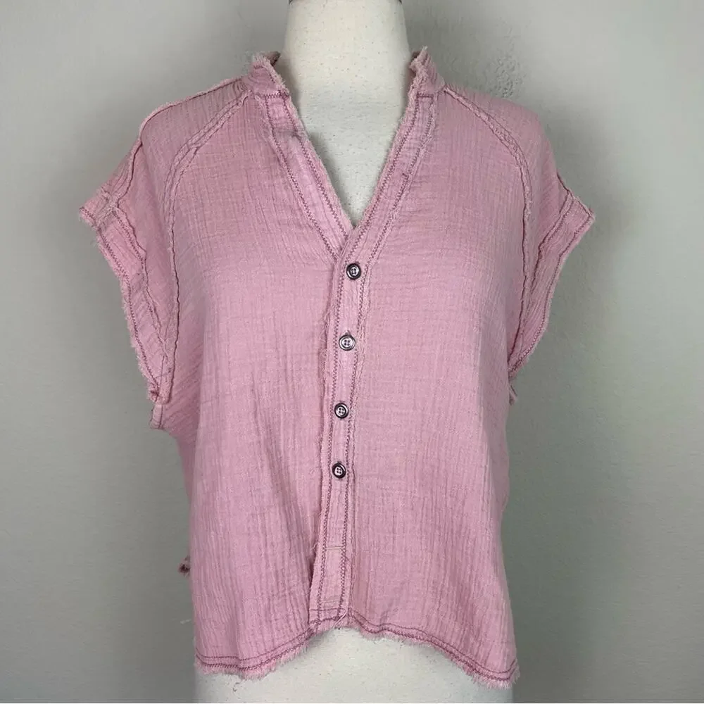 We the Free Pink Gauzy Cotton Button Short Sleeve Top XS